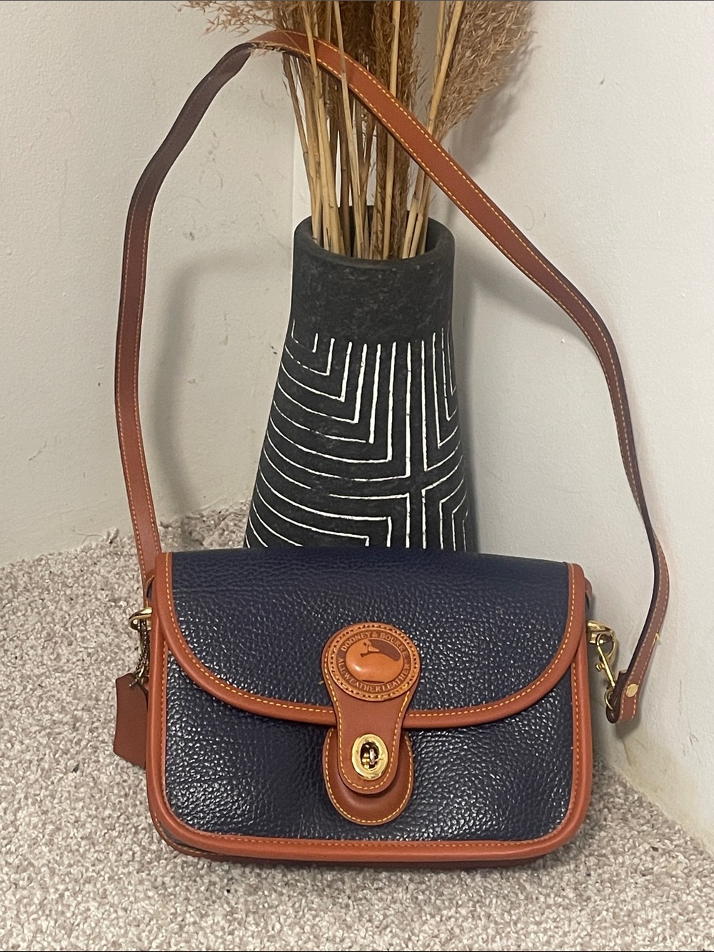 Dooney & Bourke Navy Pebble Leather Crossbody with Brown Trim